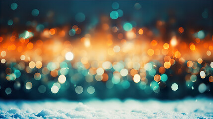 Teal Orange Vintage Christmas Bokeh Blur Lights Background Snow Ground Festive Illustration