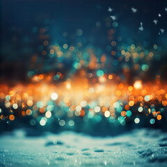 Teal Orange Vintage Christmas Bokeh Blur Lights Background Snow Ground Festive Illustration