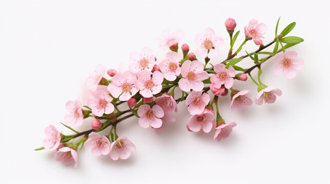 Pink waxflower branch isolated on white background, closeup