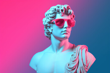 Apollo statue weating sunglasses, creative art with pink and blue neon colors. Generative AI