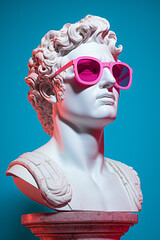 Apollo statue weating sunglasses, creative art with pink and blue neon colors. Generative AI