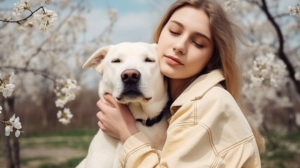 Charming blond woman with straight hair hugging her dog in a park