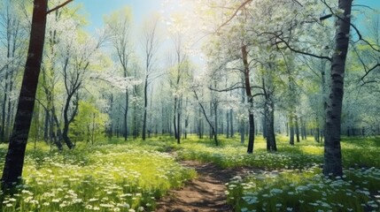 Art Spring nature background with blue flowers in summer forest