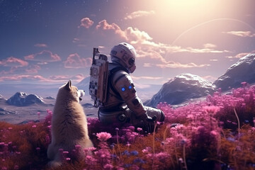 Man and dog in astronaut suit sitting on another planet in space. Generative AI