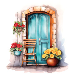Chair and flowers in front of the vintage door watercolor hand painting