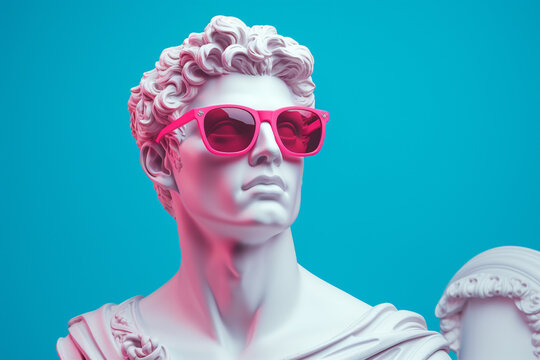 Apollo statue weating sunglasses, creative art with pink and blue neon colors. Generative AI