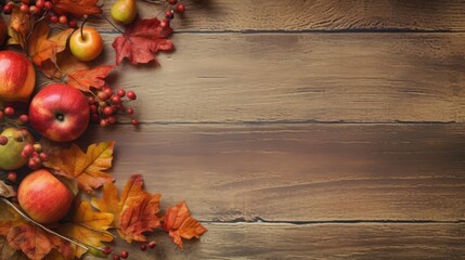 Thanksgiving photo frame with summer leaves & wild fruits with text space in wooden background 