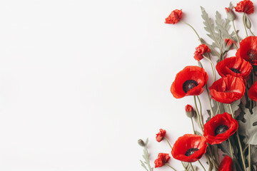 poppy flowers on white background, border background with copy space. Generative AI - obrazy, fototapety, plakaty