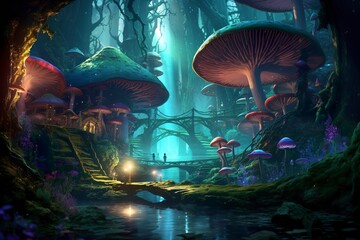 the forest is lit up with mushrooms and flowers, in the style of realistic fantasy artwork, fantastical street, dark emerald and light cyan,