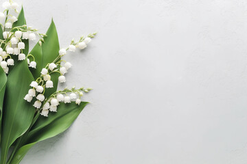 Lily of the valley on white background, flat lay border background with copy space. Generative AI