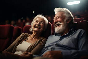 Senior couple at cinema, togetherness and happy moments. Generative AI - obrazy, fototapety, plakaty