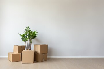 On moving day, there is a pile of cardboard boxes and a houseplant placed next to a white wall indoors, leaving empty space for text.