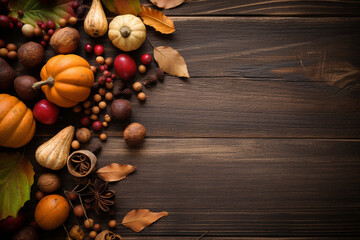 Autumn or fall leaves, top down view on wooden background. Generative AI