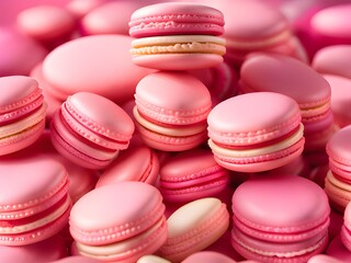 Raspberry and strawberry pink macarons on soft pastel pink background
