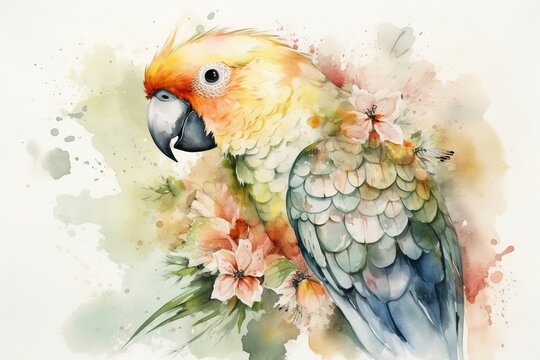Watercolor illustration of parrot surrounded by flowers and splashes of watercolor paint