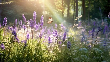 lavender flowers with butterflies and sunlight and bokeh. Outdoor nature banner