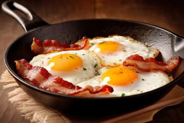 Bacon and eggs in a pan. Composition with tasty fried eggs and bacon on wooden table. 