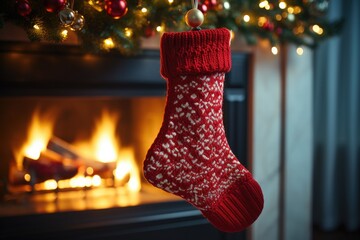 Red christmas sock on fireplace mantle. Beautifully decorated living room on occasion of New Year and Christmas holidays.