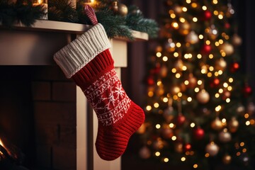 Red christmas sock on fireplace mantle. Beautifully decorated living room on occasion of New Year and Christmas holidays. - 632984784