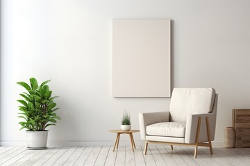 A blank white canvas is used as a template for showcasing a poster or typographical design. The mockup presents a comfortable contemporary beige armchair in front of a white wall with no decoration