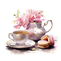 Fototapeta na wymiar Tea and macarons watercolor paint ilustration