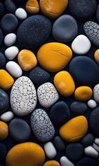 Some colorful stones are displayed, dark navy and yellow.