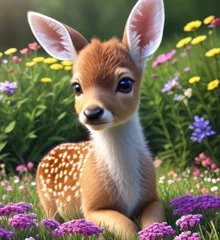 Zelfklevend Fotobehang A cute little baby deer, beautiful flowers in a meadow 5 ©  Markiza ART