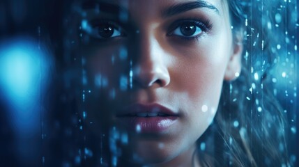 Dramatic bold closeup portrait of metahuman female in perfect synergy with artificial intelligence, cybernetic glamour, piercing eyes, dark midnight blue bokeh blur, light streaks - generative AI