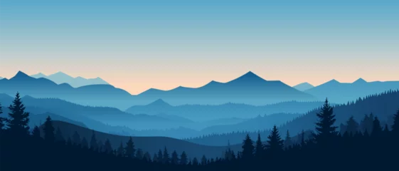 Fotobehang Beautiful mountain landscape at sunrise. Stunning foggy landscape of mountains and forest silhouettes. Wonderful landscape for printing. Vector illustration. © LoveSan
