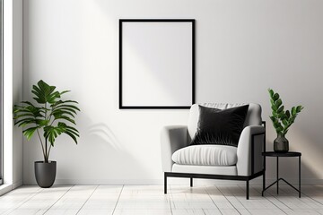A trendy interior design for a living room featuring a mock up poster frame, a cozy frotte armchair, a sleek black metal shelf, a stylish side table, vibrant plants, and unique home accessories. This