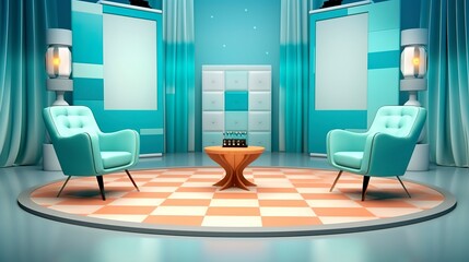 The Future of Game Shows. A Simple, Modern Setting with Two Chairs and a Whole Lot of Fun.  - obrazy, fototapety, plakaty