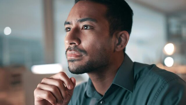 Confused, thinking and business man at night reading information, research and online website. Doubt, face and male person working on project, problem solving or solution in dark office for deadline