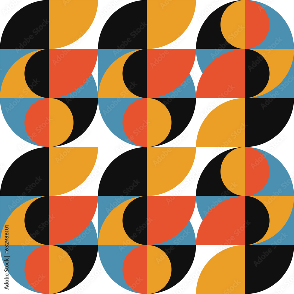 Poster Geometric abstract vector seamless pattern with circles, rectangles and squares in retro Bauhaus style. Pastel colored simple shapes graphic background.
