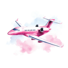 Pink Private jet watercolor painted ilustration.