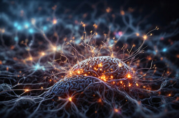 Neurons firing in the brain. Image created using artificial intelligence.