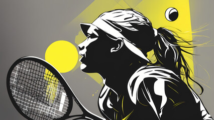 Monochrome Silhouette eines Tennisspielers, schwarz und weiß, 2d, Seitenansicht, flach, Illustration. ki generiert