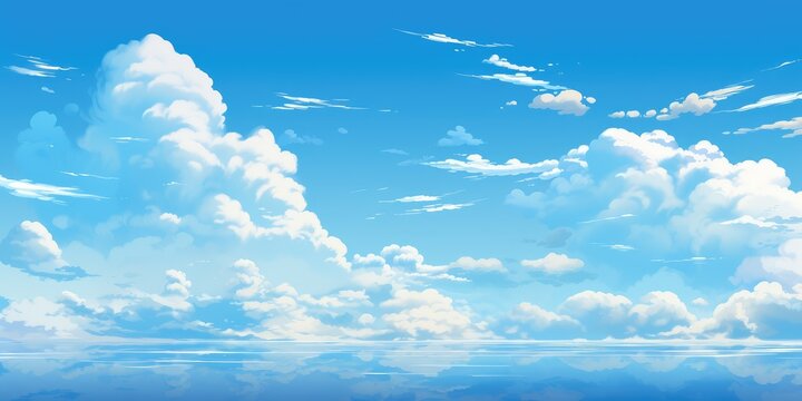 Blue sky with clouds and pristine water, manga, anime, comic book style