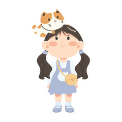 Girl play with cat of cartoon