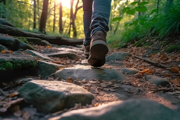 Obraz premium Close up a person's feet walking on rocks, Walking on a trail in the woods, Travel Concept.