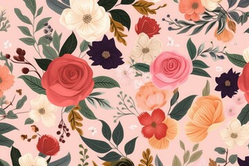 Beautiful flower seamless pattern with roses, leaves, flower compositions, Generative AI