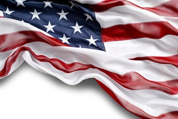 Closeup ruffled American flag isolated. solid white backgroud.
