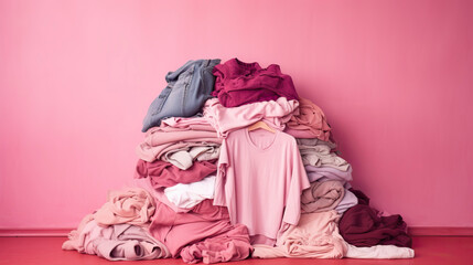 Fast fashion, Overconsumption, trends in fashion industry. Stack of pink clothing on pink background. Pile of trendy pink shirts, dresses and sweaters, pink wall background.