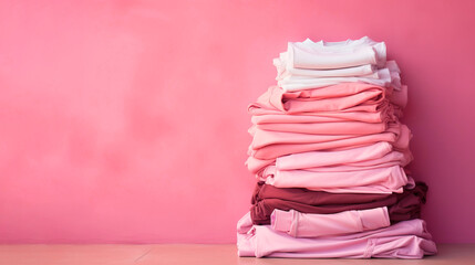 Fast fashion, Overconsumption, trends in fashion industry. Stack of pink clothing on pink background. Pile of trendy pink shirts, dresses and sweaters, pink wall background.