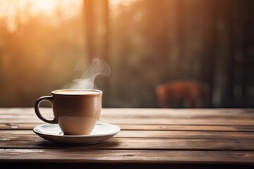 A warm beverage in a cup placed on a wooden table, with a blurred background. There is an empty area available for adding text.