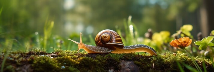 A Journey Through the Forest. Close-up of a Snail in the Forest with Natural Background. 
