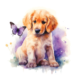 Cute puppy and buttefly watercolor paint