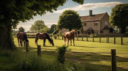 Horse ranch with green landscape