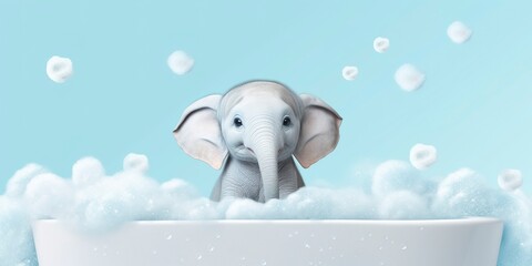 Minimalist Albino Elephant in a Bathtub of Soap Bubbles Against a Cyan Background. 