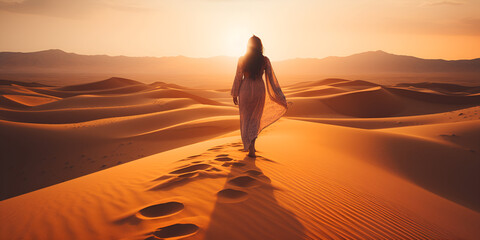 Fototapeta na wymiar Female woman walking in the desert at sunset Twilight Trek: Desert Adventure with a Woman at Sunset