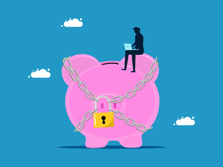 Profit protection. Businessman and piggy bank locked with a padlock vector
